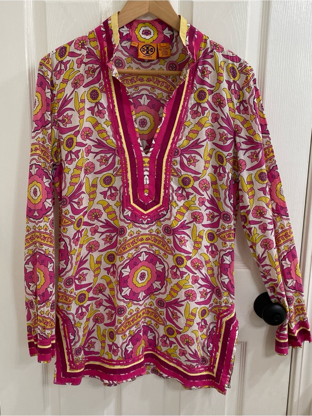 Tory Burch Pink Yellow Floral Cotton Tunic Top Dress Size 8 Boho Flawed